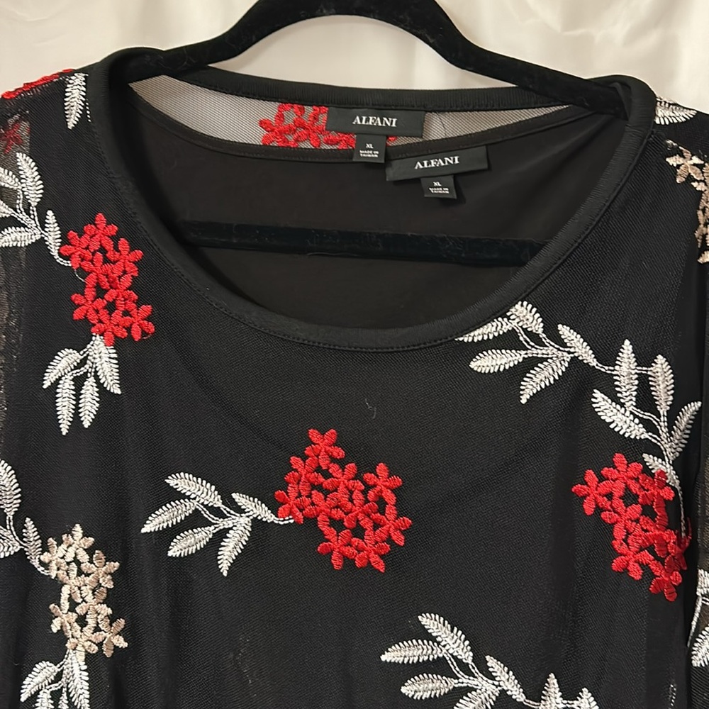 Alfani black shear top with embroidered flowers. Size extra large. - Picture 3 of 14